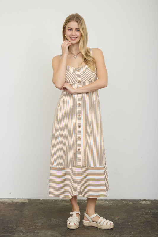 STRIPE SWEETHEART BUTTON DOWN SLEEVELESS MIDI DRESS KHAKI