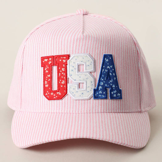 USA LETTER PATCH STRIPED TRUCKER HAT