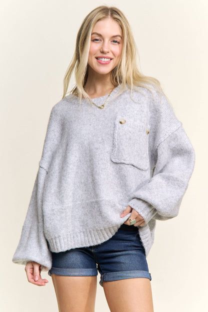 ADORA LA - CESW3943- ROUND NECK LONG SLEEVES KNIT SWEATER: H GREY / S-M-L(2-2-2)