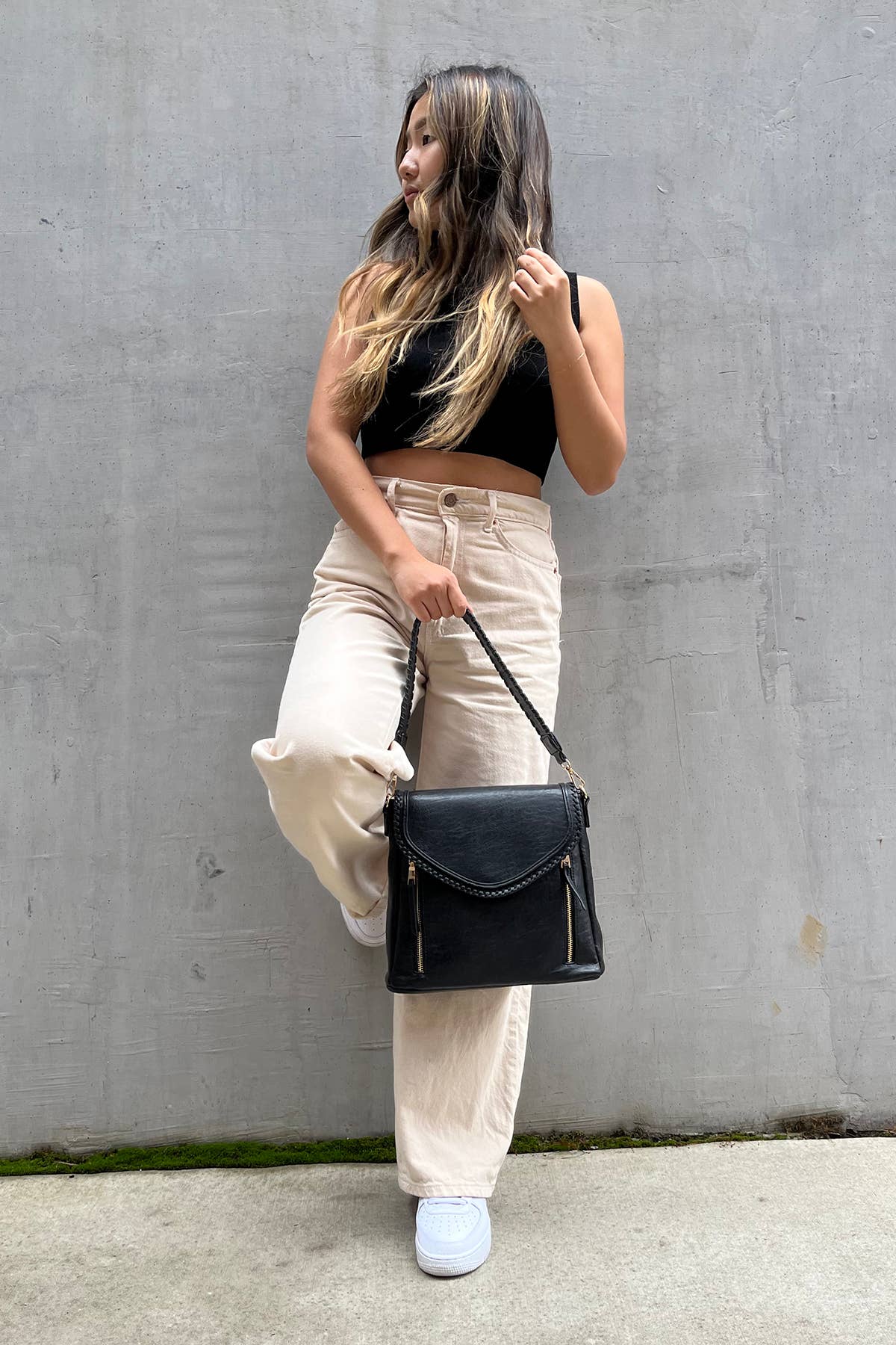 LORELEI DOUBLE ZIP CROSSBODY : BLACK + LT BROWN