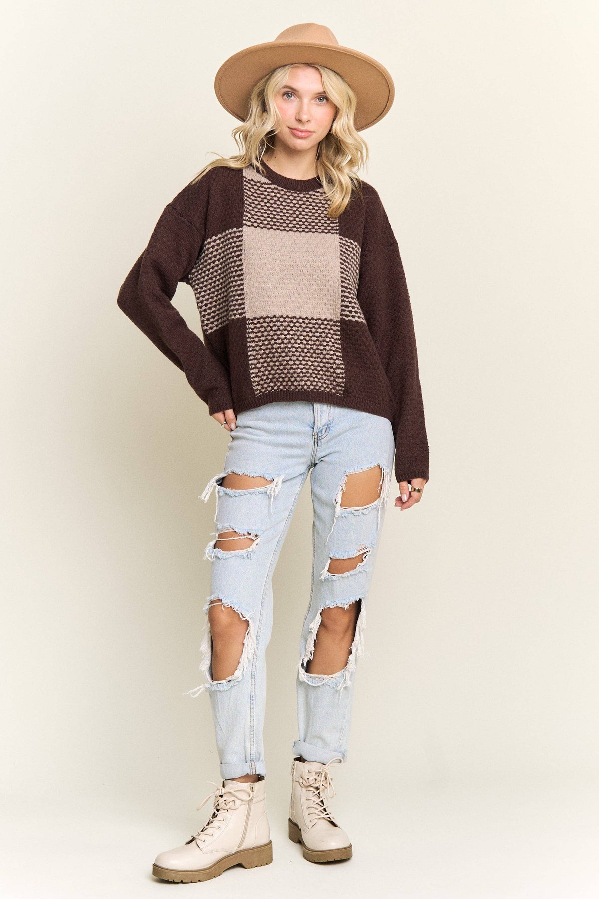COLORBLOCK CREWNECK SWEATER: BROWN/KHAKI