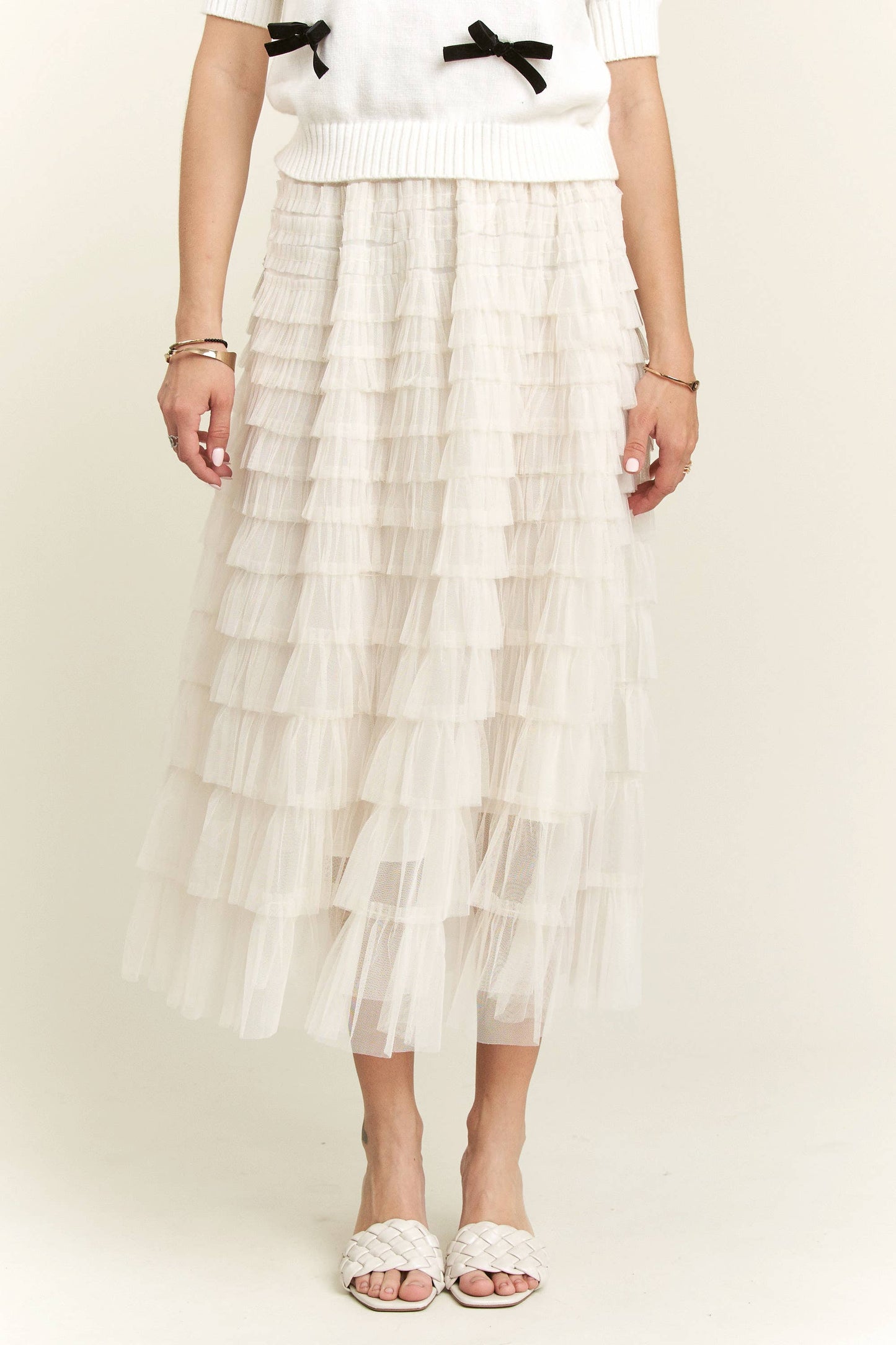 ELASTIC WAIST LAYERED MESH SKIRT - IVORY