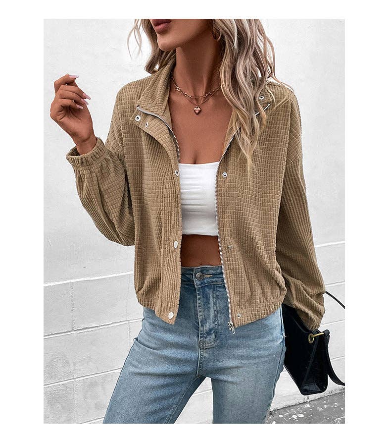 BROWN CROPPED CORDUROY ZIP UP BLOUSE