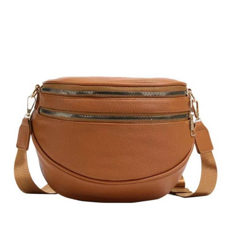 Aili's Corner - Sabrina Double Zip Leather Crescent Sling: Cognac