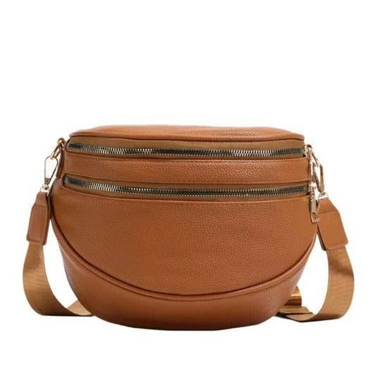 Aili's Corner - Sabrina Double Zip Leather Crescent Sling: Cognac