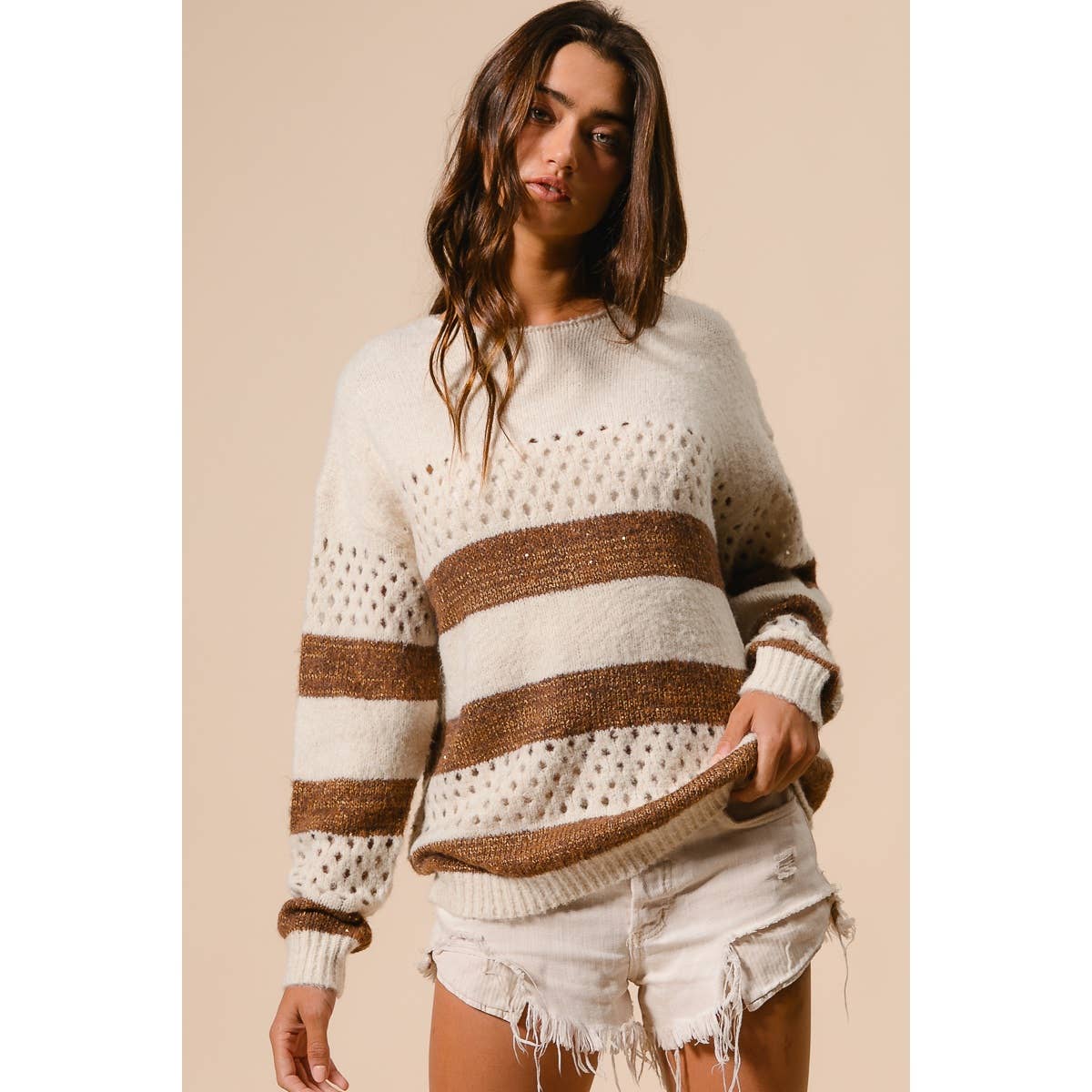 BiBi - STRIPE PATTERNED SWEATER TOP: IVORY/BROWN / M