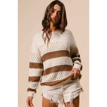 BiBi - STRIPE PATTERNED SWEATER TOP: IVORY/BROWN / M