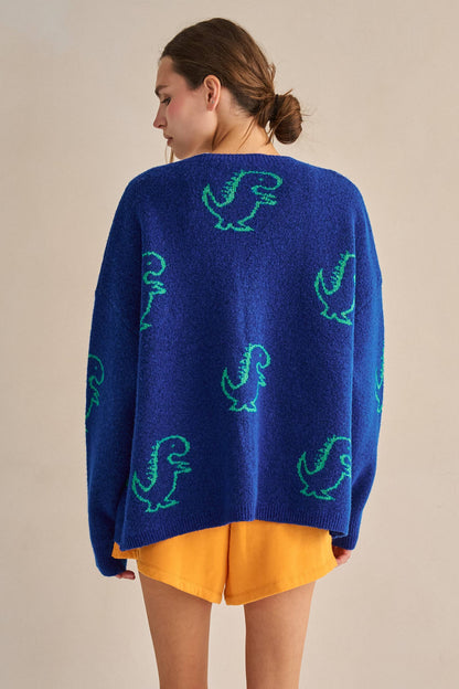 JADE BY JANE - DINOSAUR PATTERN KNIT CARDIGAN: BLACK / S/M