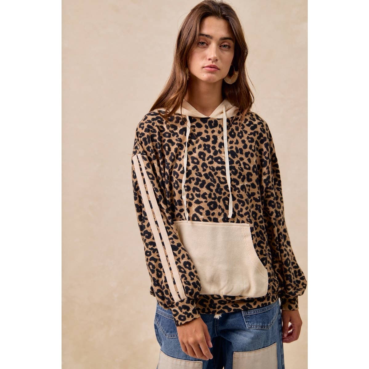 BiBi - WAFFLE THERMAL AND LEOPARD MIX AND MATCH HOODIE: LEOPARD/OATMEAL / L