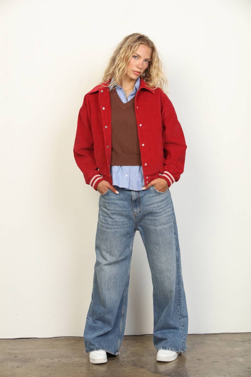 26 International - Corduroy Snap Front Oversized Varsity Jacket: Red Combo / L