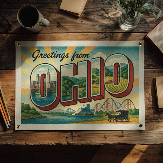 Benoit's Design Co. - Greetings From Ohio State Postcard Felt Banner: 16 x 24 inches