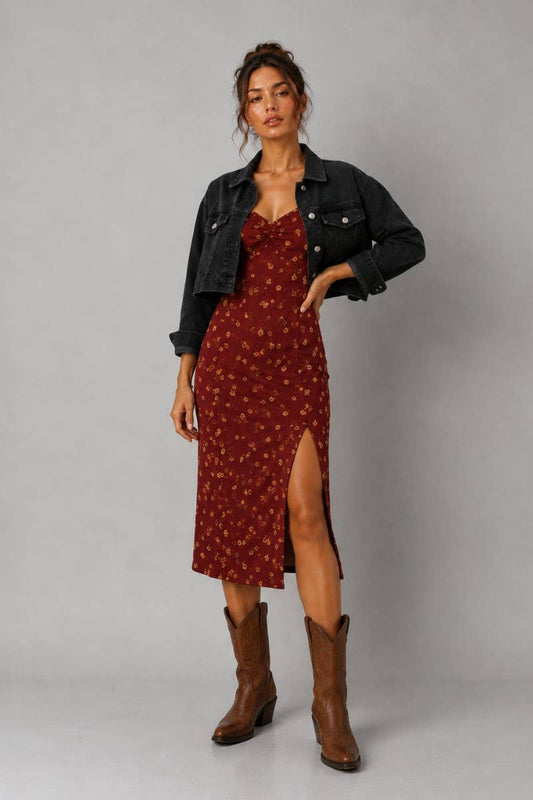 JADE BY JANE - FLORAL MIDI DRESS: RUST / M