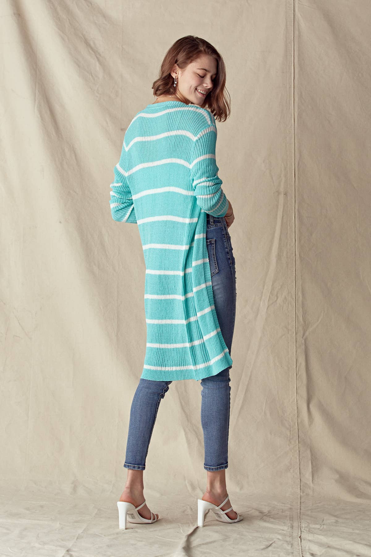 Doe and Rae - L/S Ribbed Xlong Open Cardigan - 1070C: Taupe/White / M