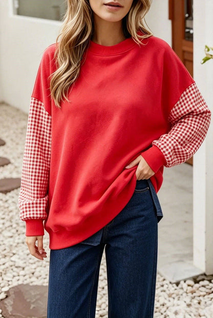 Lovesoft - Plaid Color Block Oversized Sweatshirt Casual Fall Pullover: Red / 65%Polyester+30%Viscose   +5%Elastane / XL