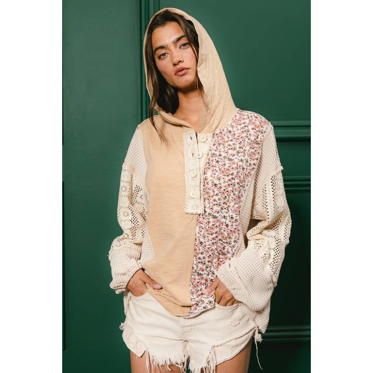 SLUB JERSEY WITH LACE COMBO BUTTONED HOODIE TOP