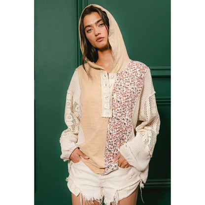 SLUB JERSEY WITH LACE COMBO BUTTONED HOODIE TOP