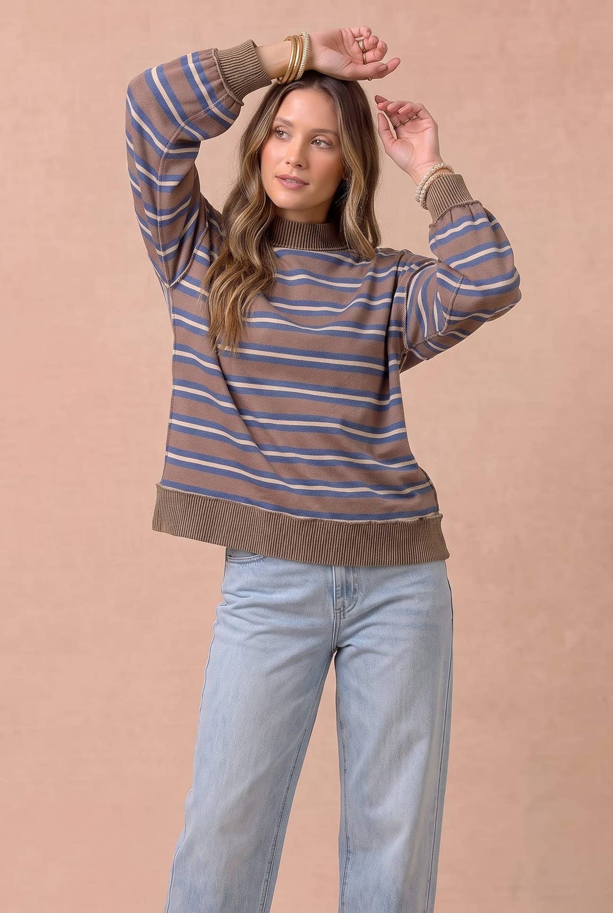 Haptics - Striped Mock Neck Balloon Sleeve Knit Top: MOCHA / S