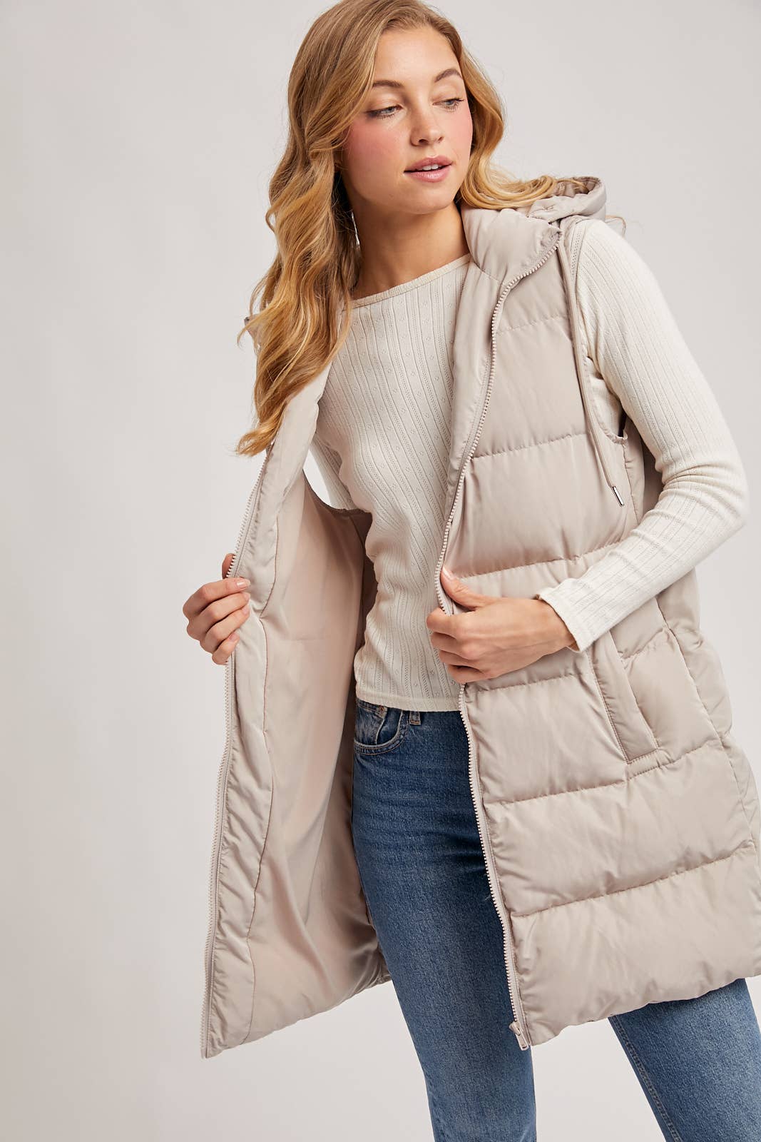 BLACK OR BEIGE HOODED ZIPPER DOWN LONGLINE PUFFER VEST