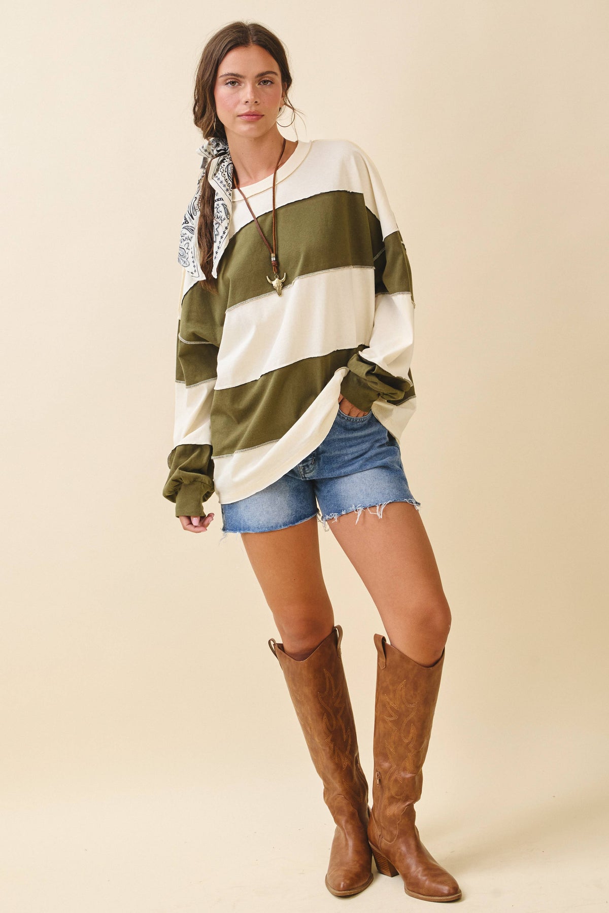 AEMI + CO - 8551GN Oversized Color Block Long Sleeve Pullover: Terracotta Butter / Contemporary / S