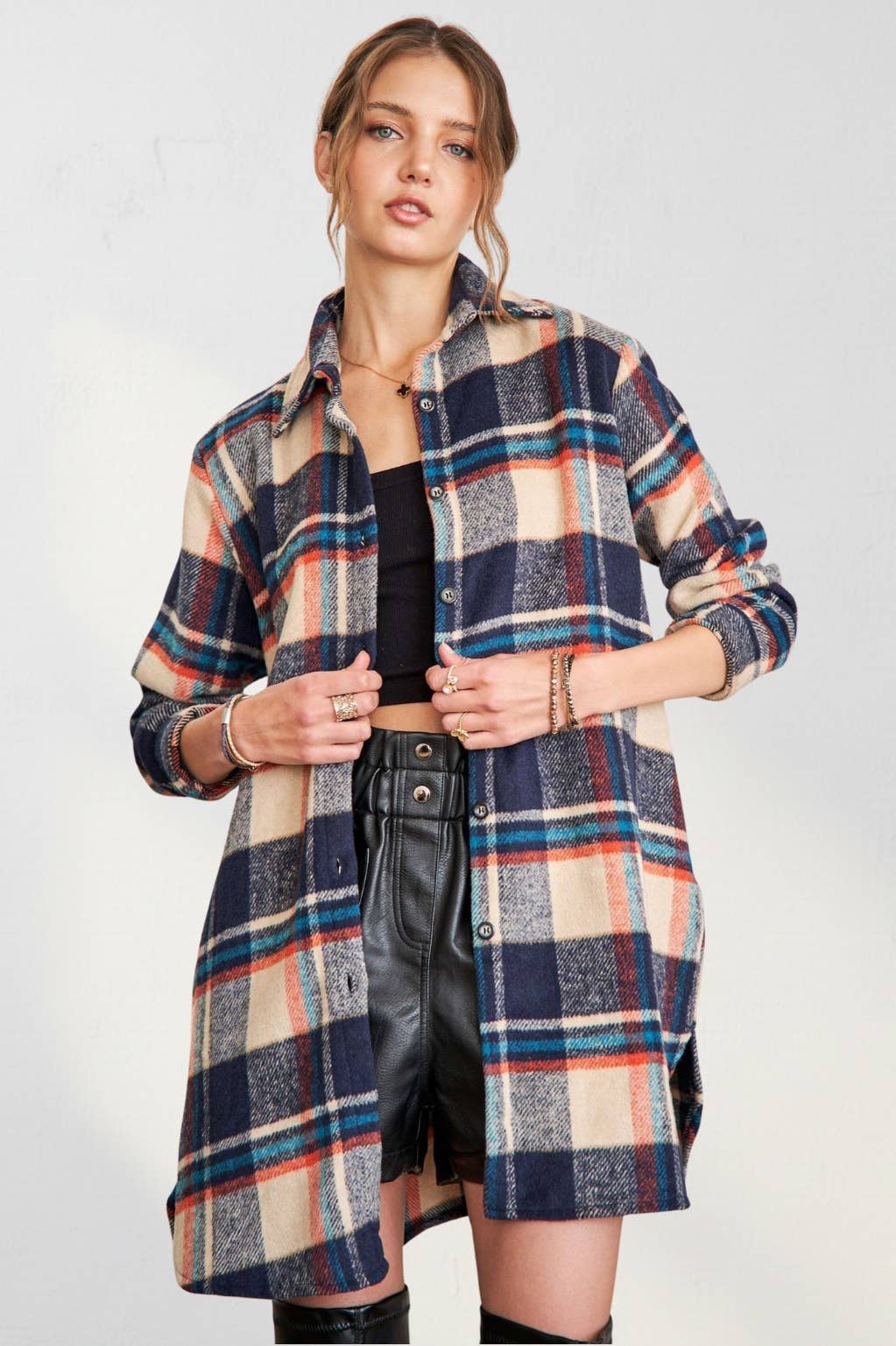 ADORA LA - CEJ1987A-CHECK FLANNEL SHIRT JACKET LONG SLEEVE: Green/Navy / S-M-L(2-2-2)