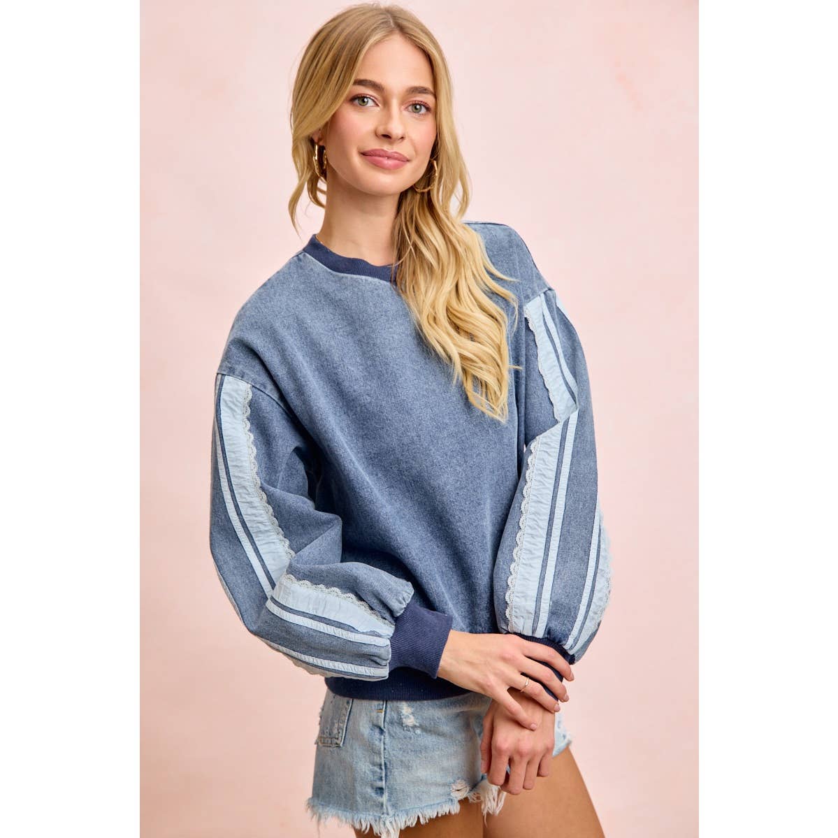 BiBi - WASHED DENIM LACE CONTRAST SIDED SWEATSHIRT TOP: DENIM / S