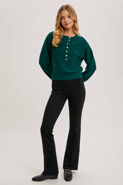 Bluivy - HALF-BUTTON HENLEY KNIT SWEATER: HUNTER GREEN / L