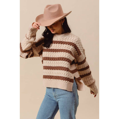 STRIPE CABLE KNIT SWEATER TOP WITH SIDE SLITS