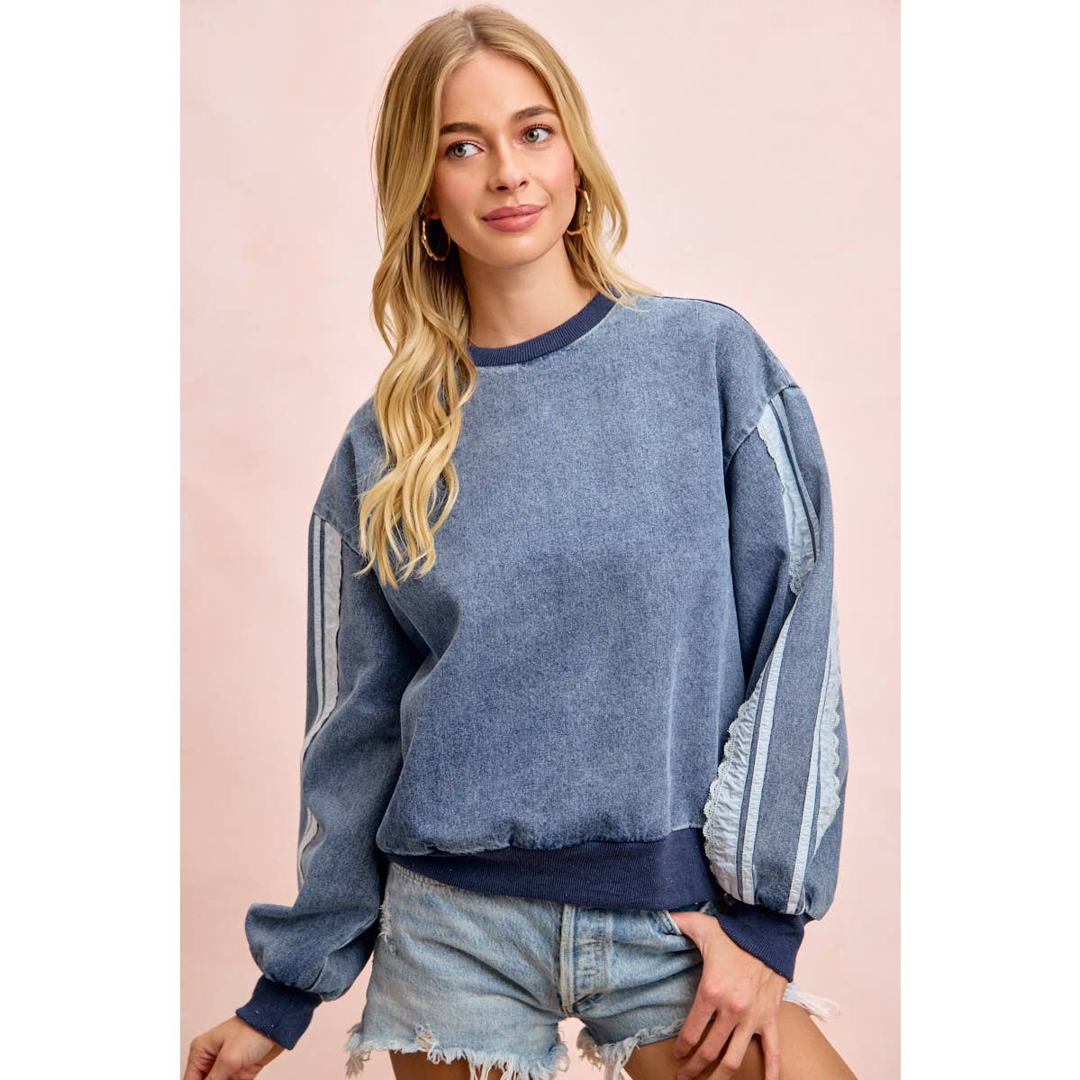 BiBi - WASHED DENIM LACE CONTRAST SIDED SWEATSHIRT TOP: DENIM / S