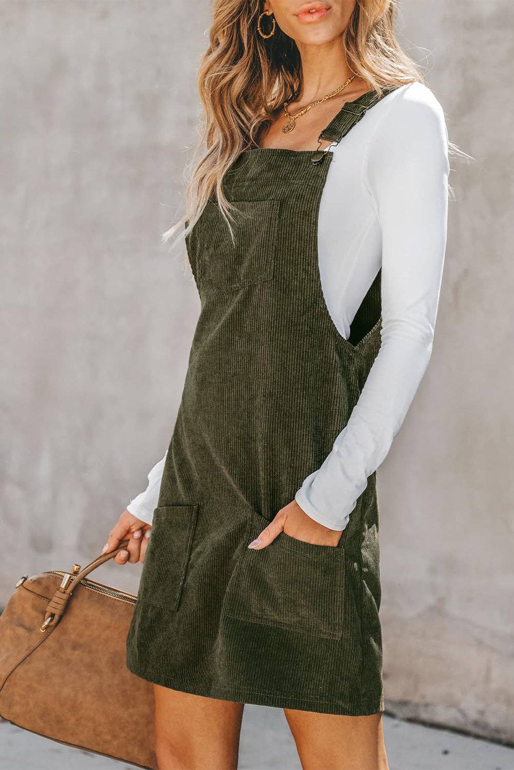 SOLID FRONT POCKETS CORDUROY OVERALL DRESS
