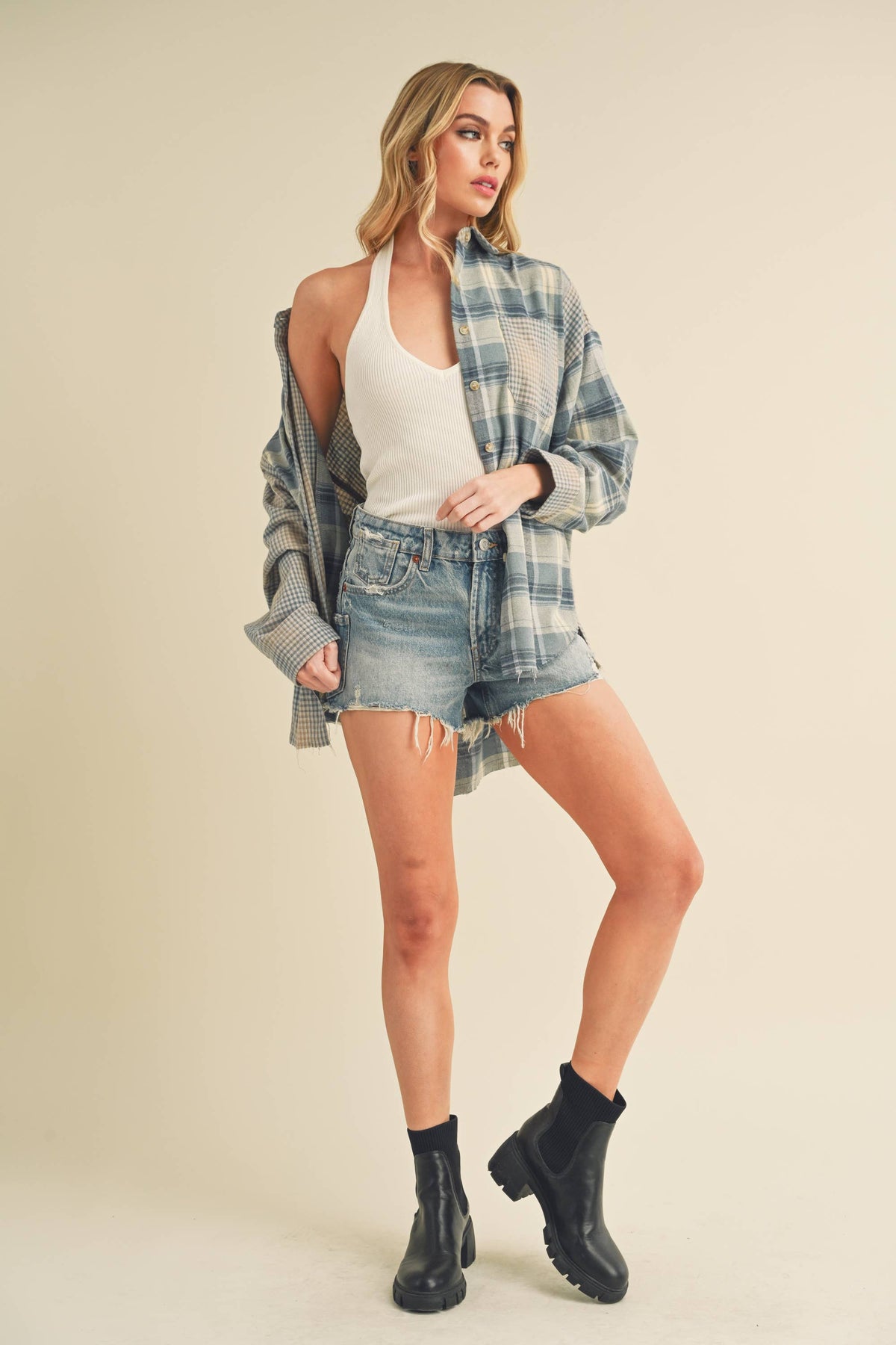 AEMI + CO - 8376EN Kambrie Plaid Flannel Shirt: Blue Multi / Contemporary / S
