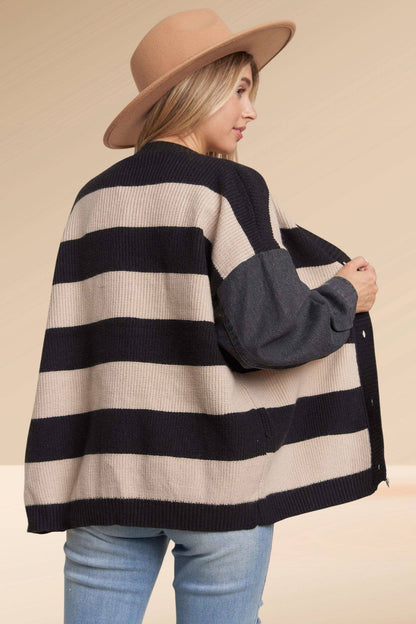 DENIM SLEEVE BLACK STRIPE SWEATER CARDIGAN