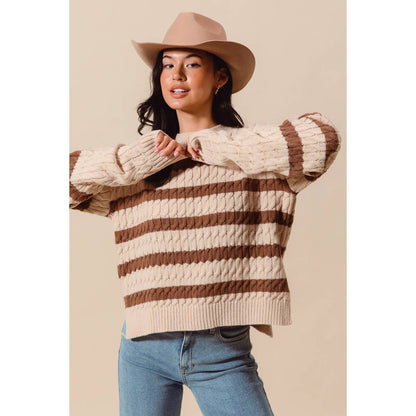 STRIPE CABLE KNIT SWEATER TOP WITH SIDE SLITS