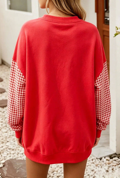 Lovesoft - Plaid Color Block Oversized Sweatshirt Casual Fall Pullover: Light Gray / 65%Polyester+30%Viscose   +5%Elastane / S