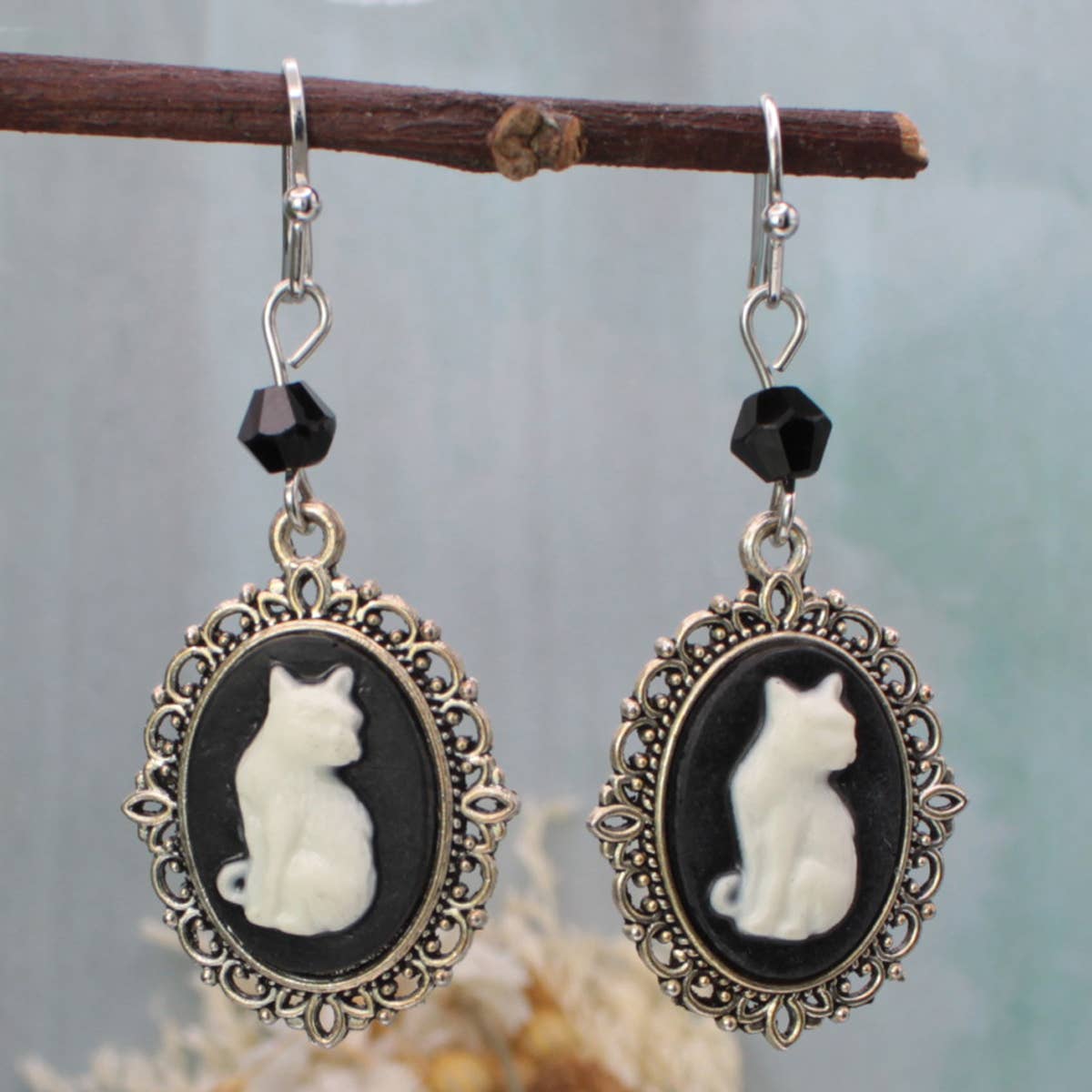 BLACK CAMEO WHITE CAT EARRINGS