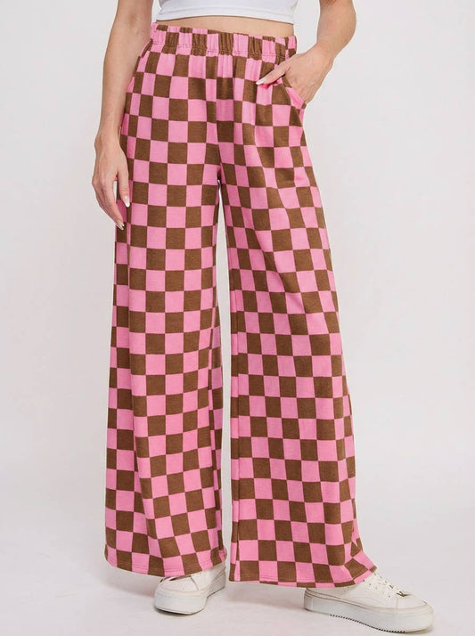 JADE BY JANE - HIGH WAIST CHECKERED STRAIGHT LEG KNIT PANTS: PINK/BROWN / M
