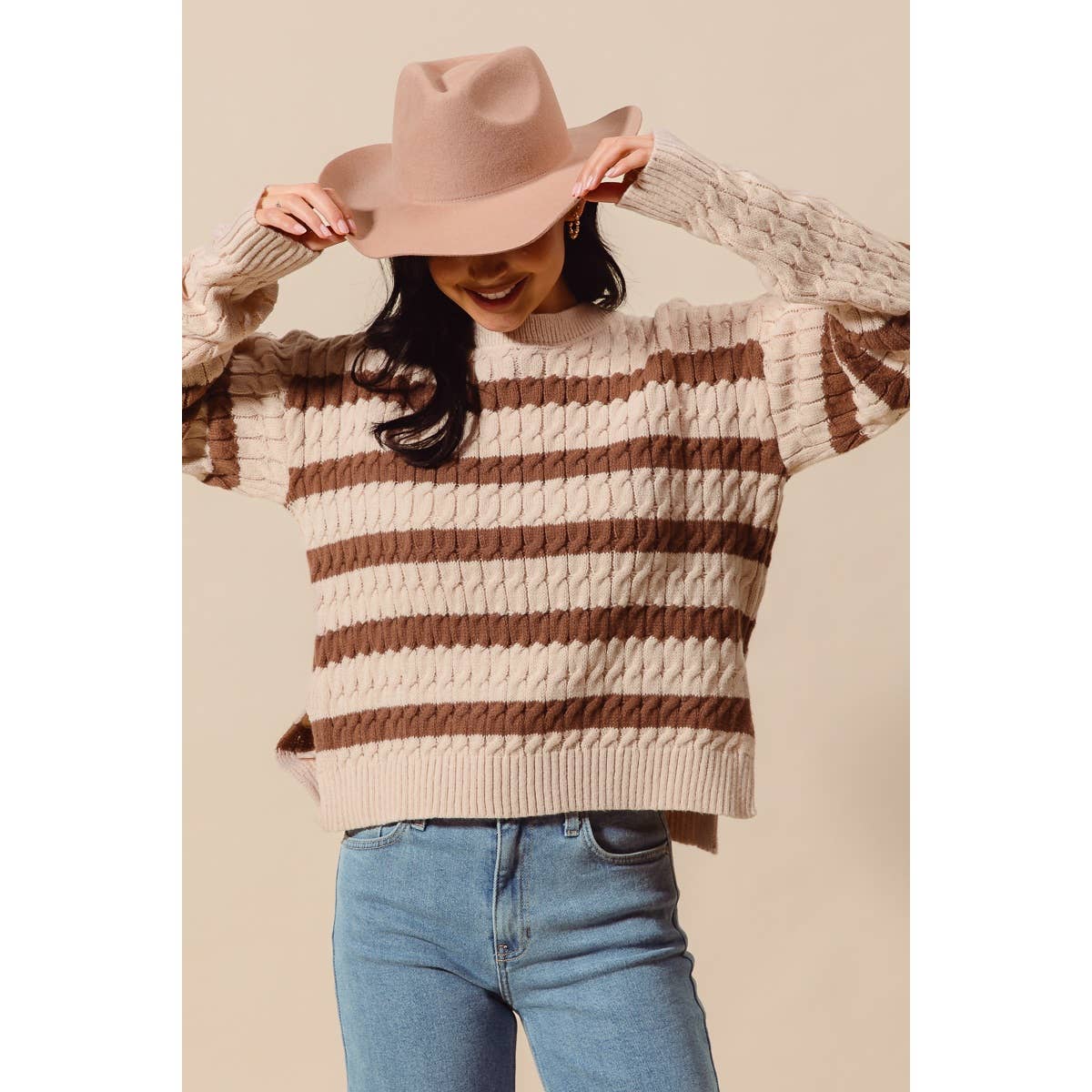 STRIPE CABLE KNIT SWEATER TOP WITH SIDE SLITS