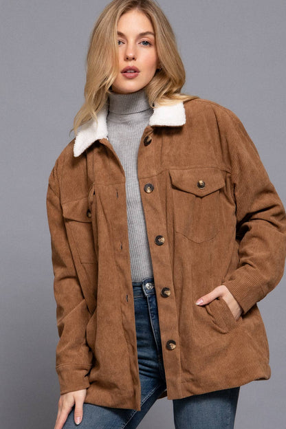 CAMEL FAUX FUR CORDUROY JACKET