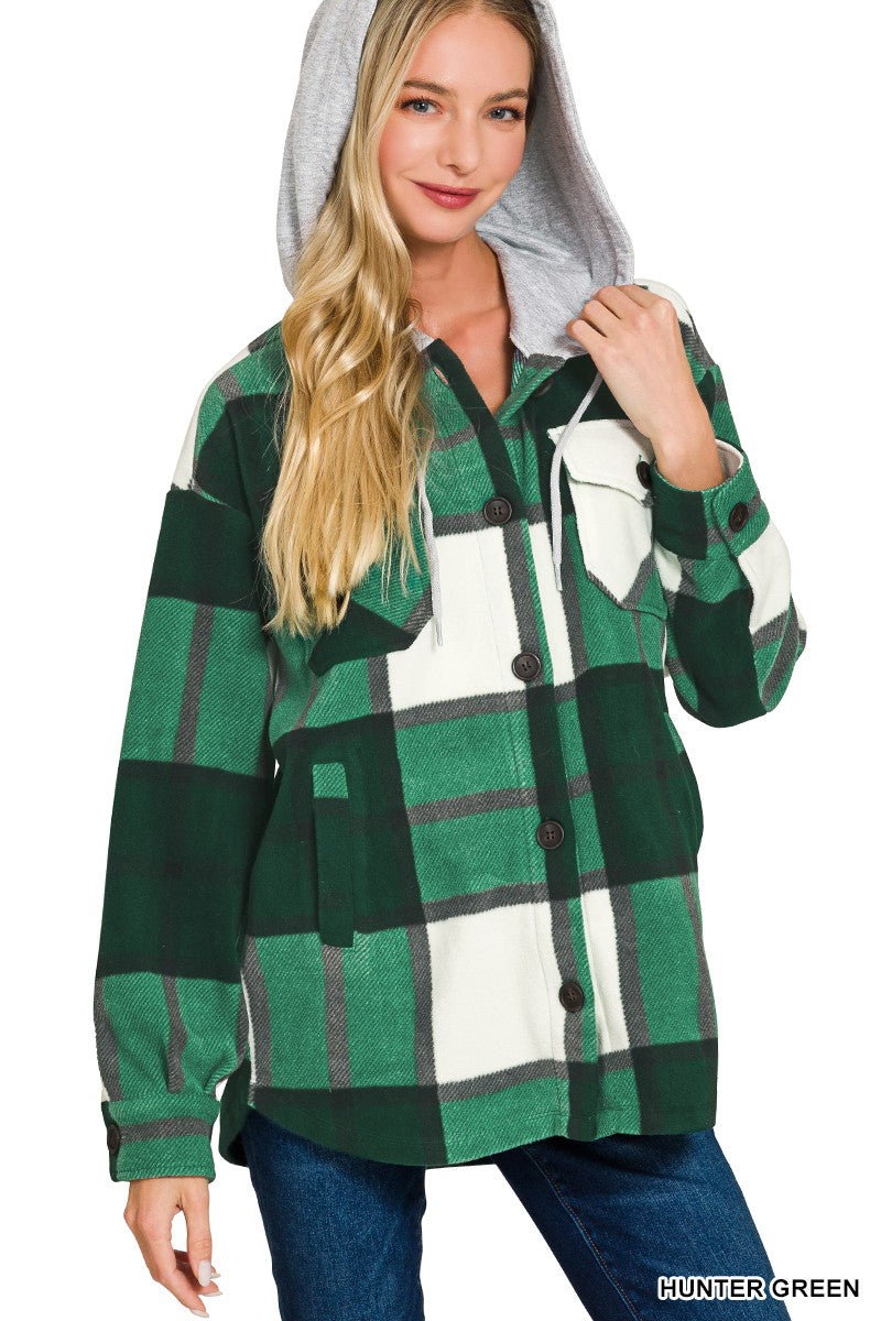 Hunter Green Plaid Drawstring Hooded Fleece Shacket
