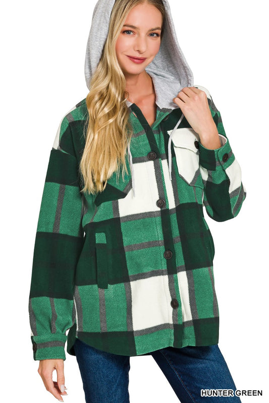 Hunter Green Plaid Drawstring Hooded Fleece Shacket