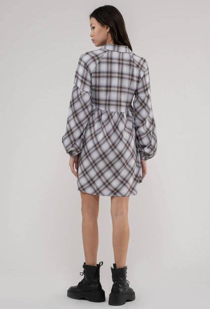 PLAID BABYDOLL MINI SHIRT DRESS