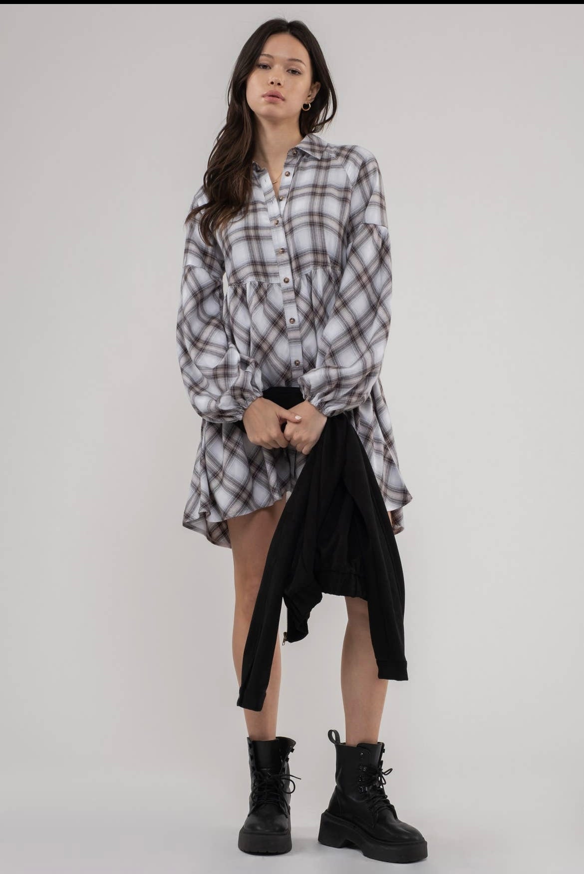 PLAID BABYDOLL MINI SHIRT DRESS