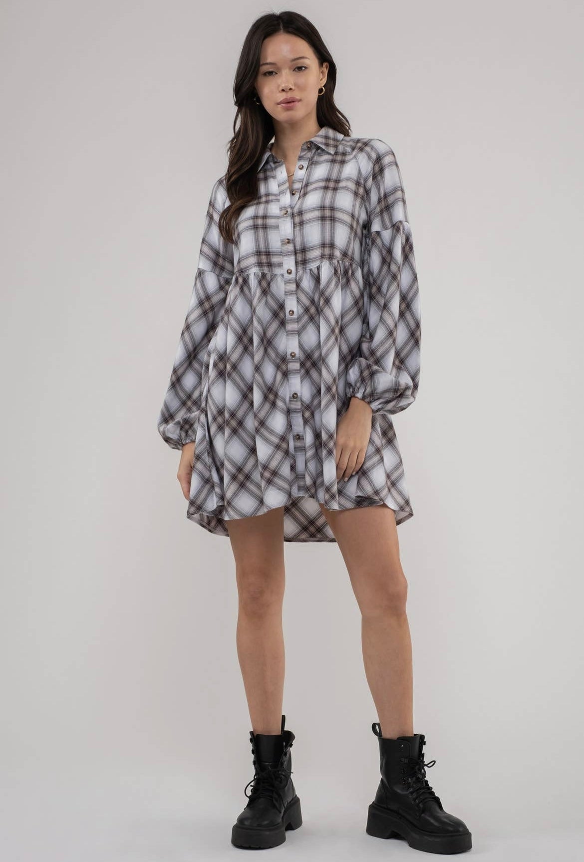 PLAID BABYDOLL MINI SHIRT DRESS