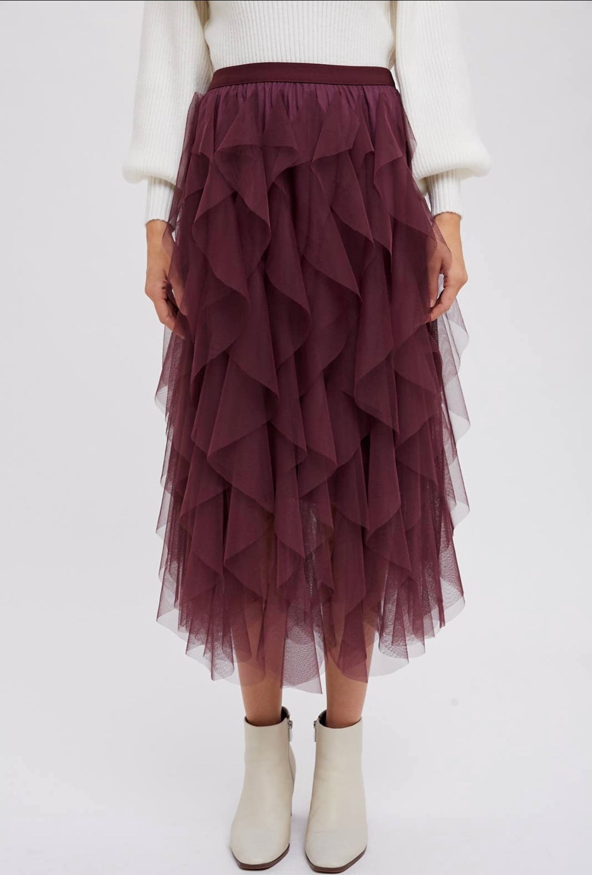 RUFFLED TULLE MIDI SKIRT