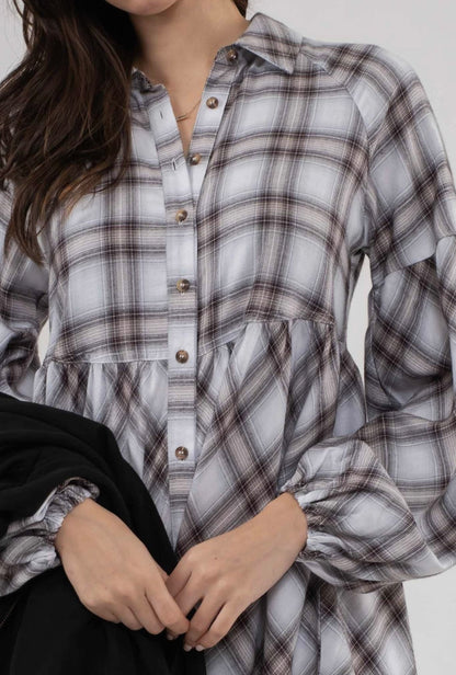 PLAID BABYDOLL MINI SHIRT DRESS