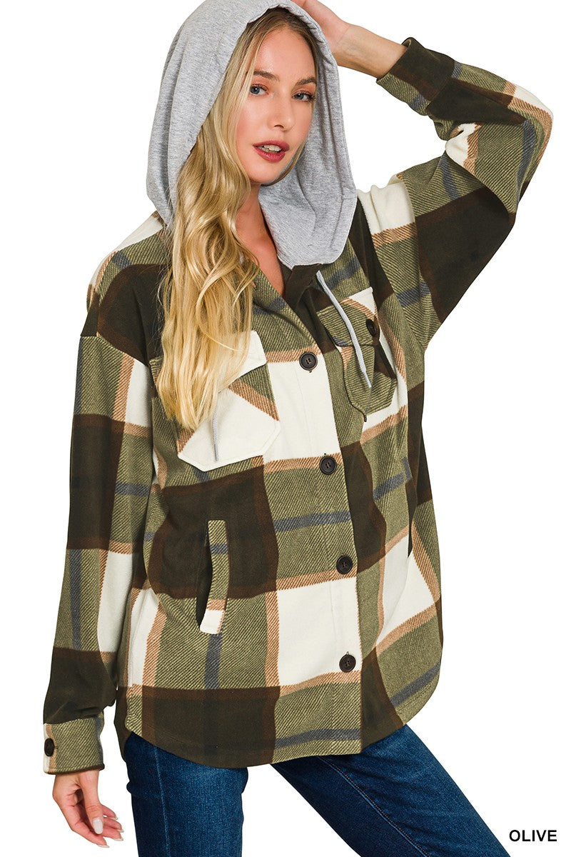 Olive Plaid Drawstring Hooded Fleece Shacket