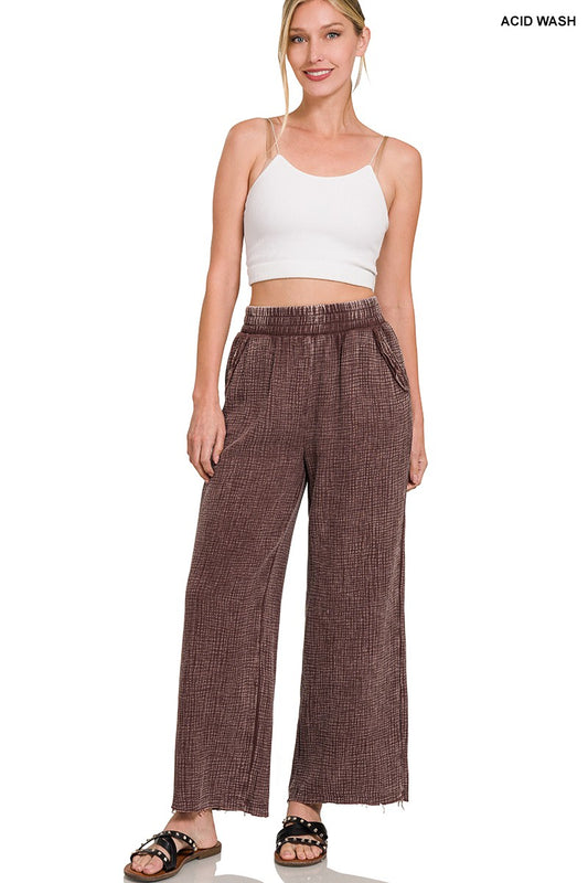 WASHED DOUBLE GAUZE FRAYED HEM ELASTIC BAND WAIST PANTS