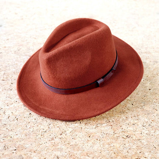 Wool Felt Faux Leather Strap Fedora Hat