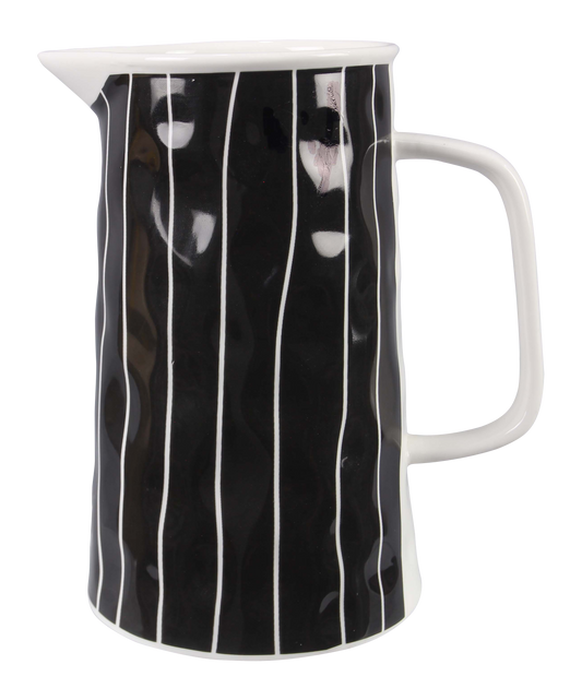 Young's - Stoneware Black and White Water/Flower Pitcher with stripes design