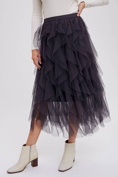 RUFFLED TULLE MIDI SKIRT