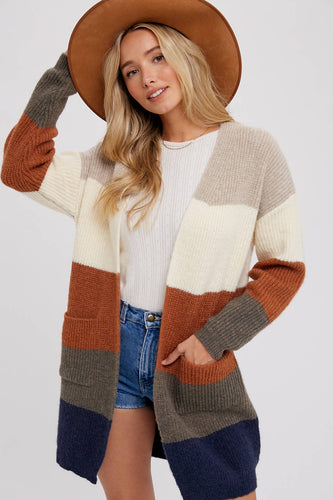 COLOR BLOCK OPEN FRONT SWEATER CARDIGAN